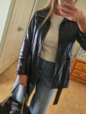 Vintage Kathy Ireland Black Leather Belted Jacket Coat Women’s Medium